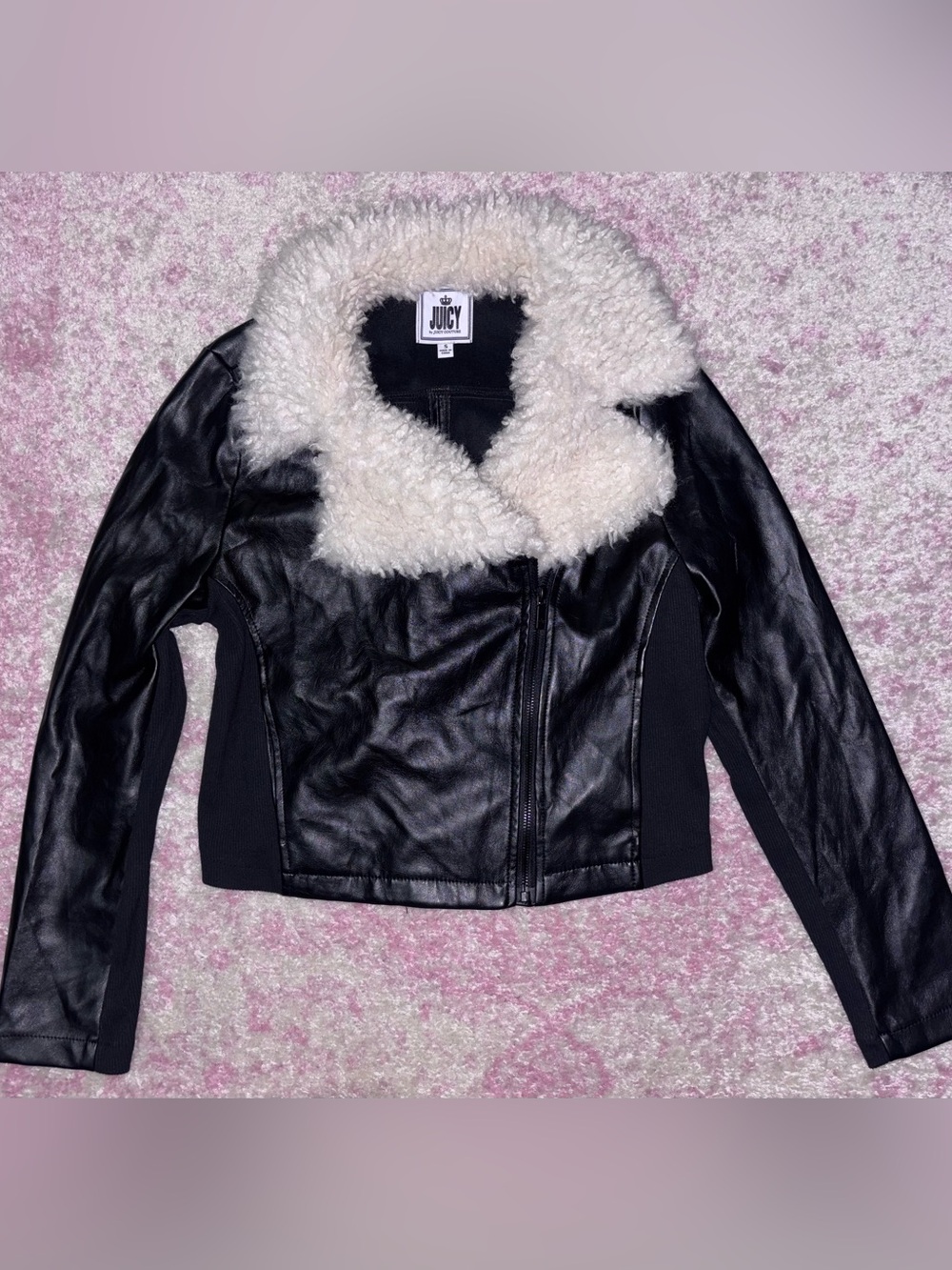 Juicy Couture Black Faux Leather Jacket with White Sherpa Collar
